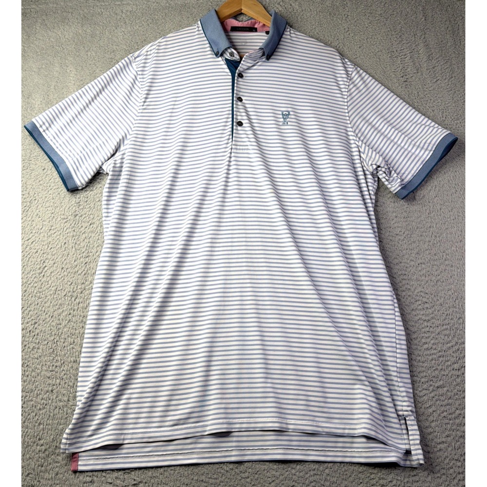 GREYSON Polo Shirt Mens Size XL White Blue Striped Golf GREYSON Polo Shirt
